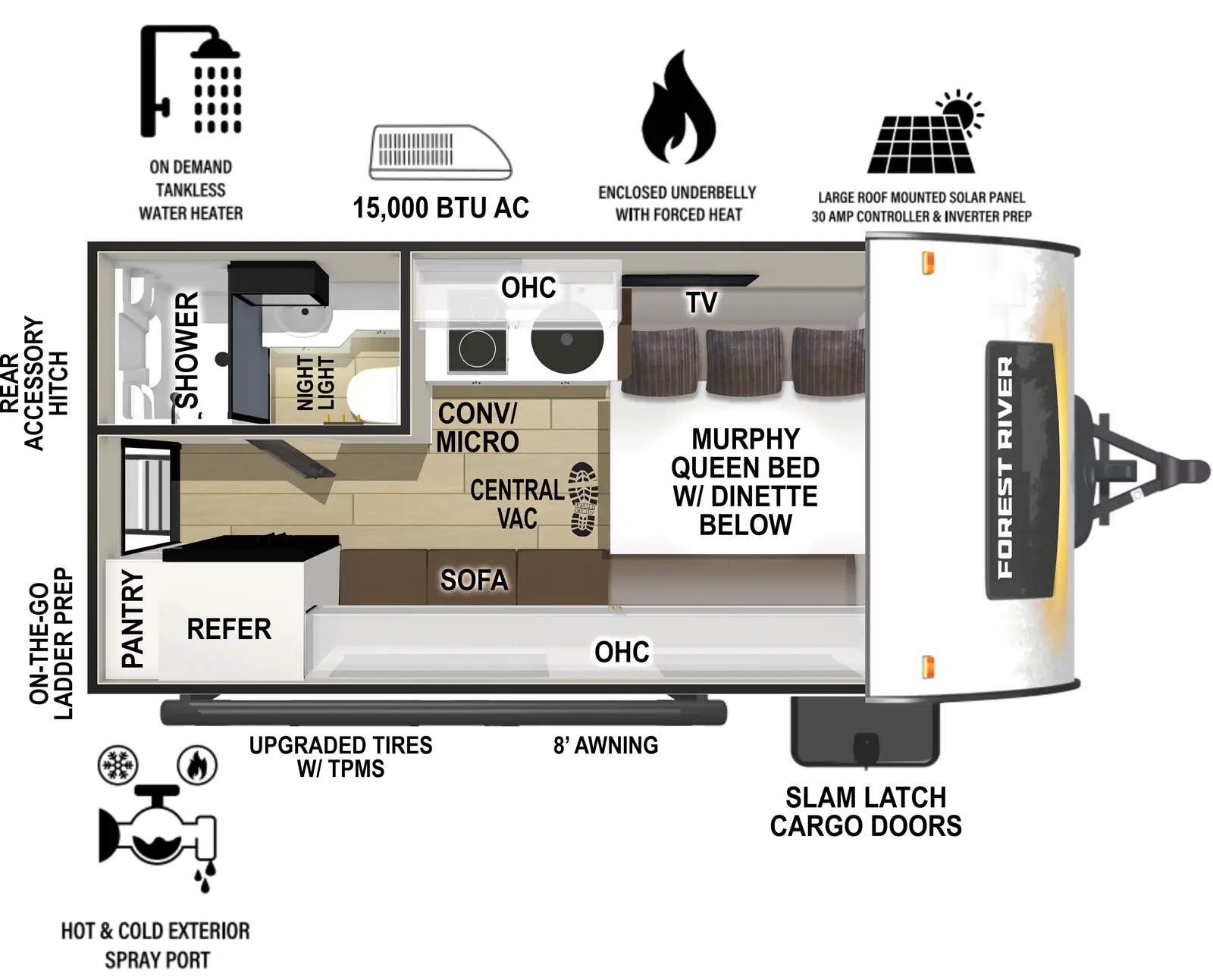 The RP-153 has zero slideouts and one entry. Exterior features slam latch cargo doors, upgraded tires with TPMS, hot and cold spray port, on-the-go ladder prep, rear accessory hitch, on demand tankless water heater, 15,000 BTU air conditioner, enclosed underbelly with forced heat, large roof mounted solar panel 30 amp controller & inverter prep, and 8 foot awning. Interior layout front to back: murphy queen bed with dinette below, and off-door side TV; door side overhead cabinet, sofa, and central vacuum; off-door side kitchen counter with sink, convection microwave, cooktop, and overhead cabinet; rear door side refrigerator and pantry; rear off-door side full bathroom with night light; rear entry.